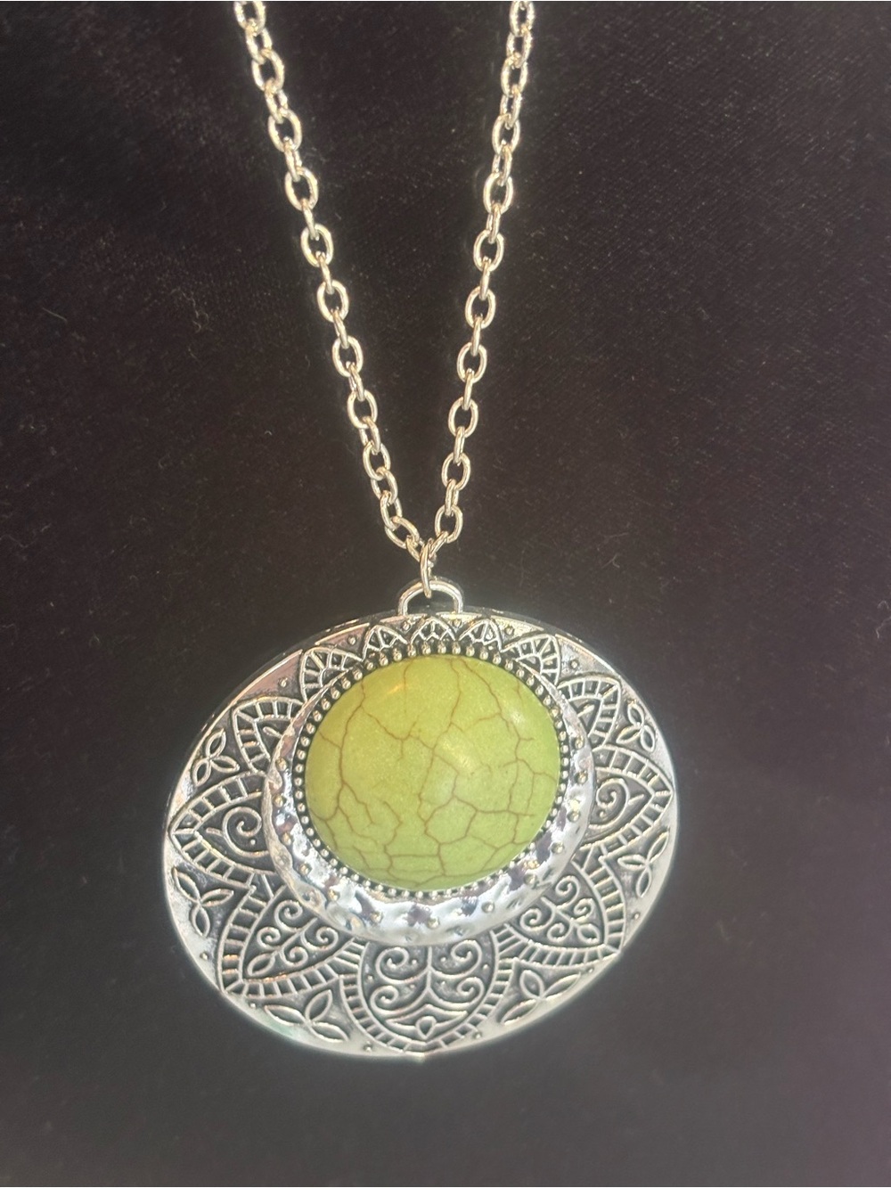 Silver Filigree Pendant Necklace with Lime Green Stone